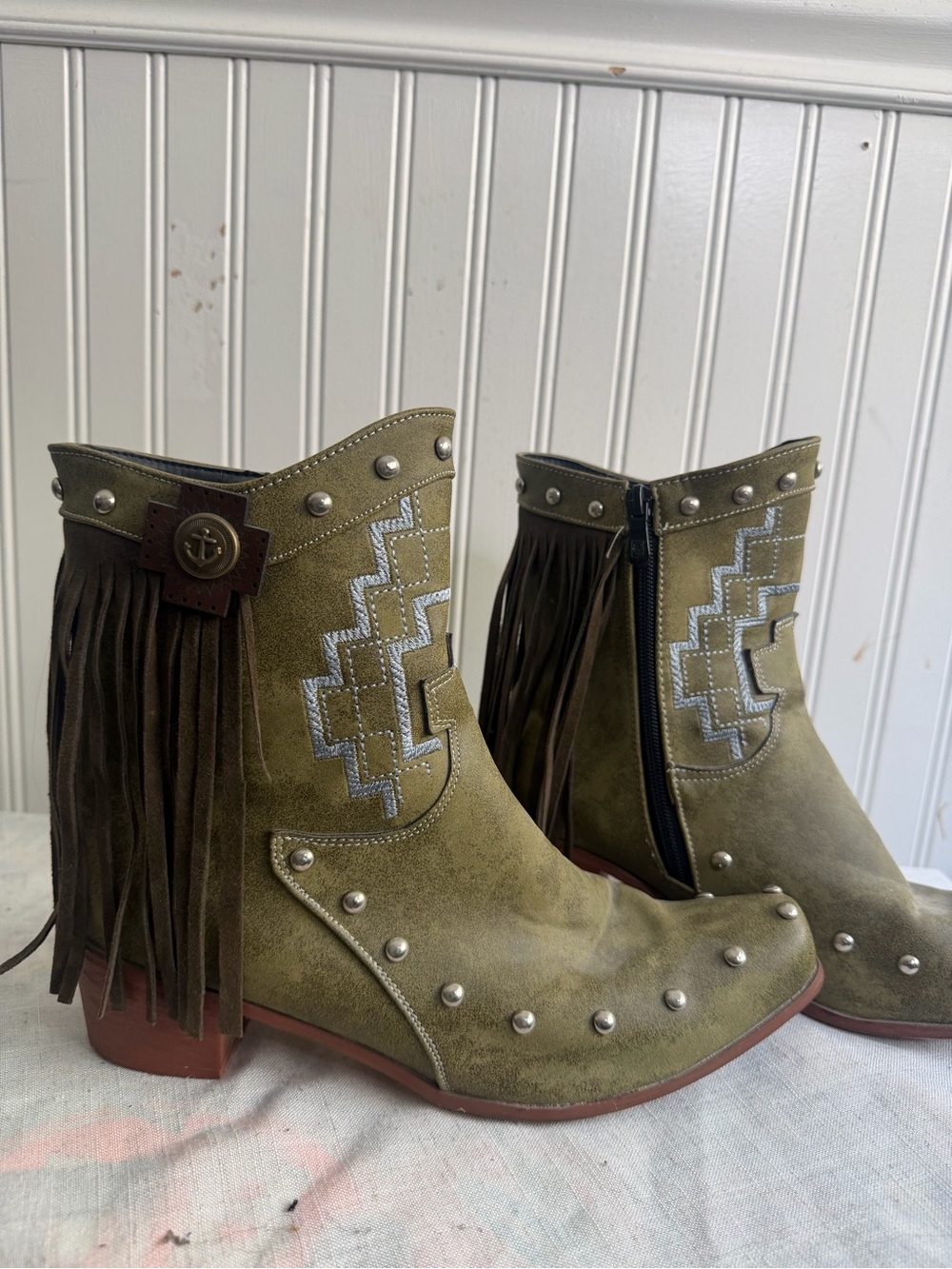 Fringed Olive Suede Stud Western Ankle Boots